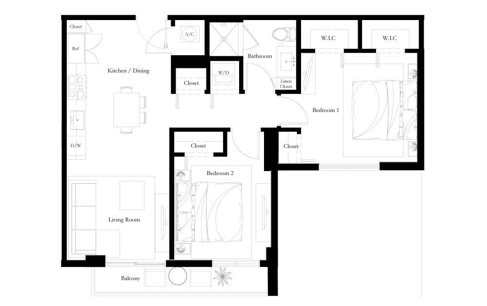 BA2 - 2 bedroom floorplan layout with 1 bathroom and 815 square feet